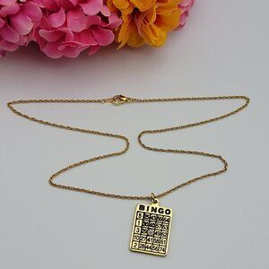 Vintage JJI Gold Plated Bingo Card Pendant Necklace W/ Tiny Diamond Accent 17.5"